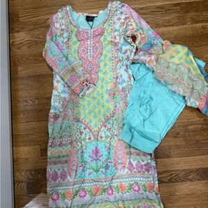 Vibrant Floral Printed Kurta Set in Aqua and Pastel Pink